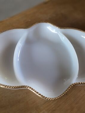 Fire King White Ceramic Divided Serving Dish with Gold Beaded Rim